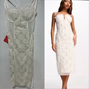 NWT Asos Starlet exclusive ruched cup embellished midi dress in ivory size 2